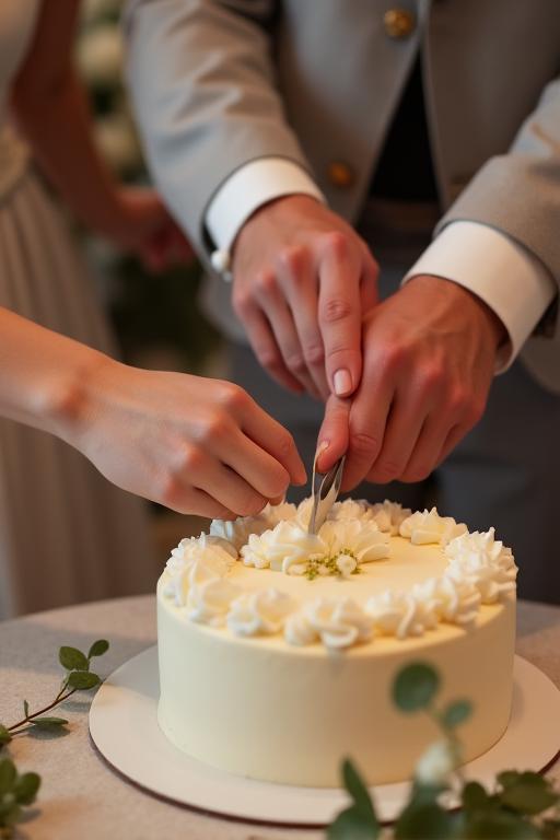 Una coppia di sposi durante il tradizionale taglio della torta nuziale.