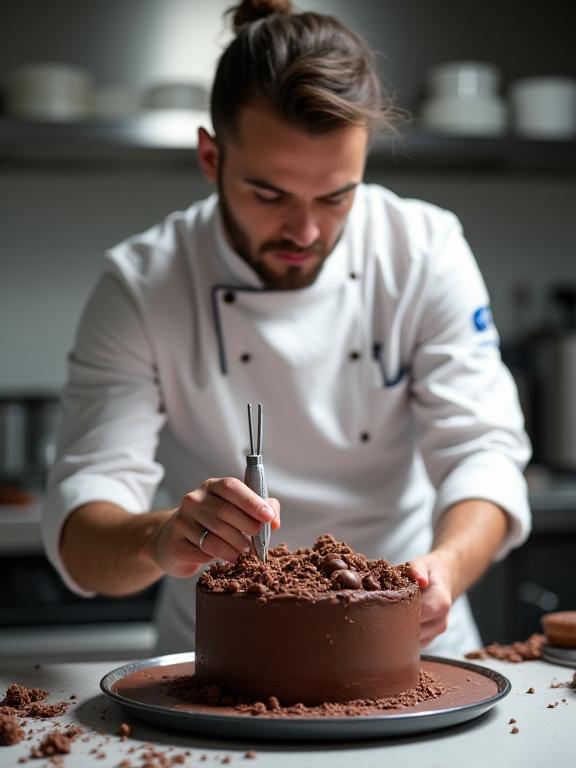 Il nostro capo pasticcere mentre decora finemente una torta al cioccolato.